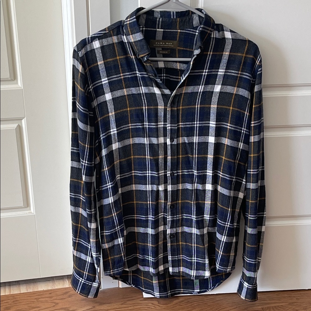ZARA Man Navy and White Plaid Button Down Shirt S 38